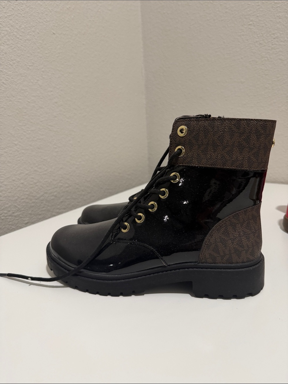Michael Kors Black Patent and Brown Logo Lace-Up Boots